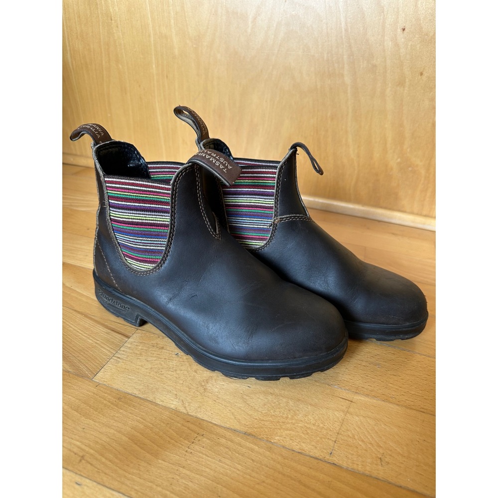 Blundstone Brown Leather Chelsea Boots Multi Color Striped Elastic AU 5 US W 8